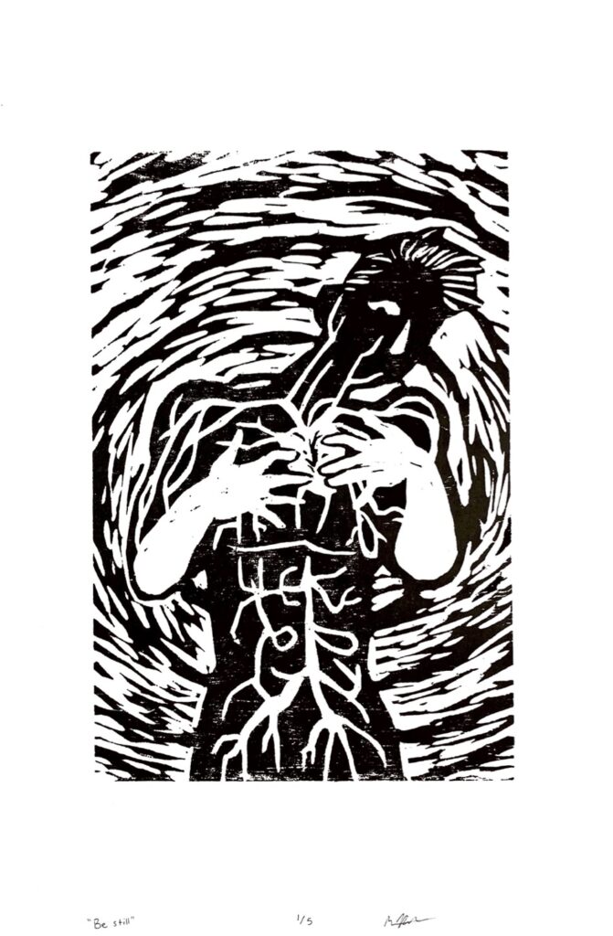 A relief woodblock print of a human made of a black silhouette with white veins, their arms are held near their chest over a white heart, and swirling lines surround them in the background.