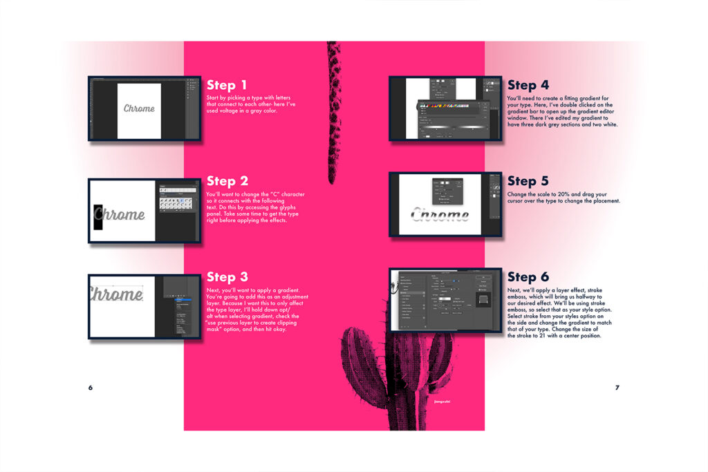 An example of a tutorial page from Mads Reineke's design reference book. The background is pink with a gradient, and there are six images depicting steps in the tutorial accompanied by text.