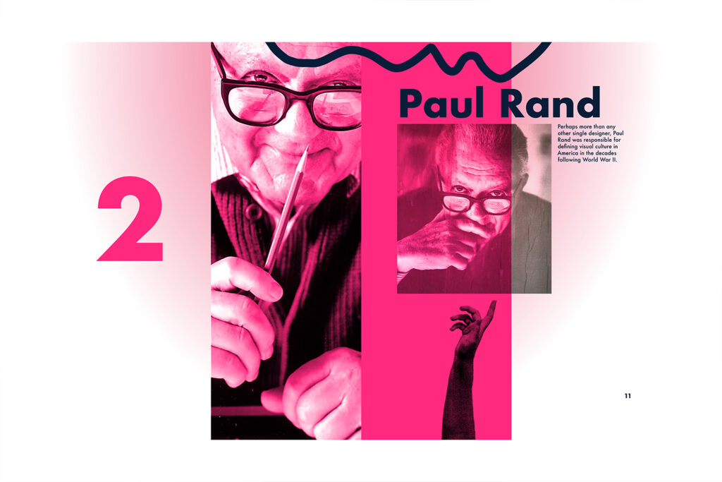 An example of a designer introduction spread, there is a pink background with two images of Paul Rand